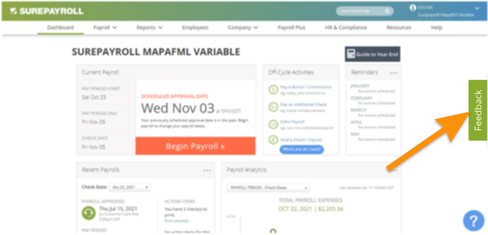Screenshot of SurePayroll software with arrow pointing to a Feedback button on the right edge of screen.